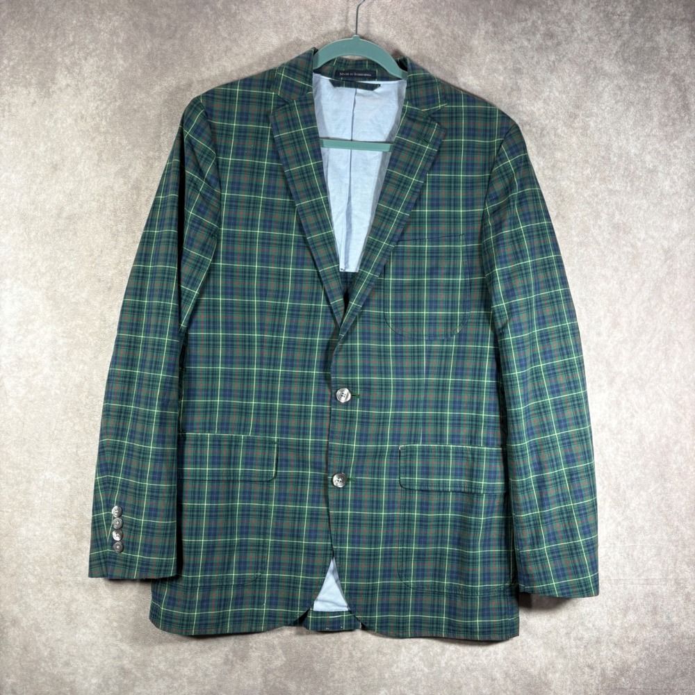 Lands End Blazer Mens 38R Green‎ Plaid 2 Button 100% Cotton Jacket Sport Coat